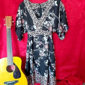 H&M Black Floral Midi Dress with Pink and White Accents